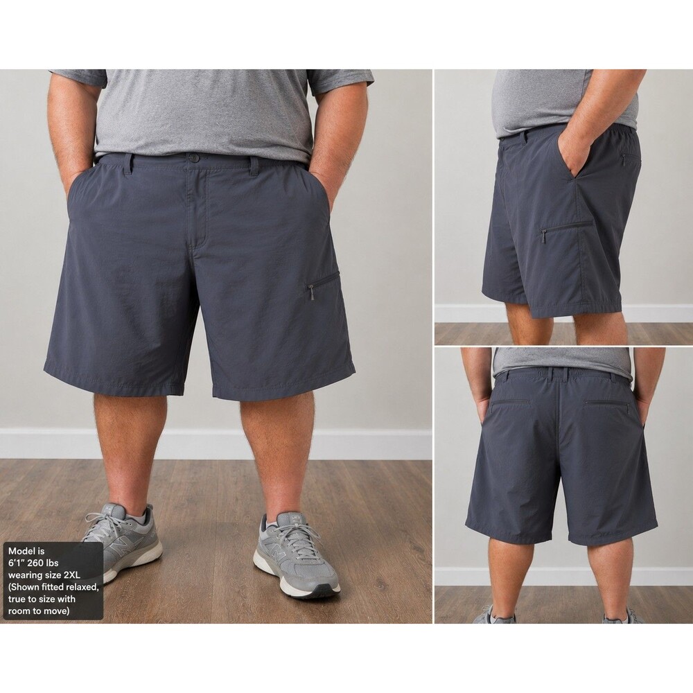 Mens 2XL Outdoor Hiking Travel Shorts Gray Elastic Waist Zip Pocket Performance